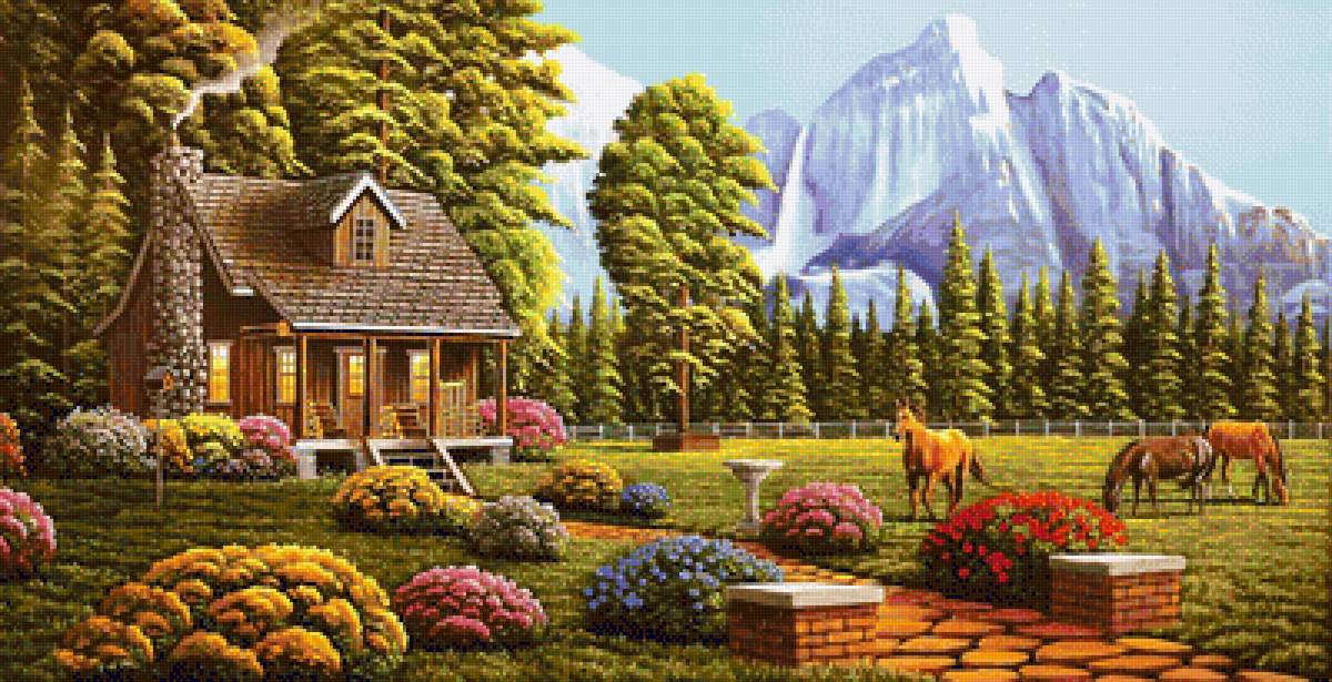 №1994187 - гора, лошадь, домик, лес, цветы - предпросмотр