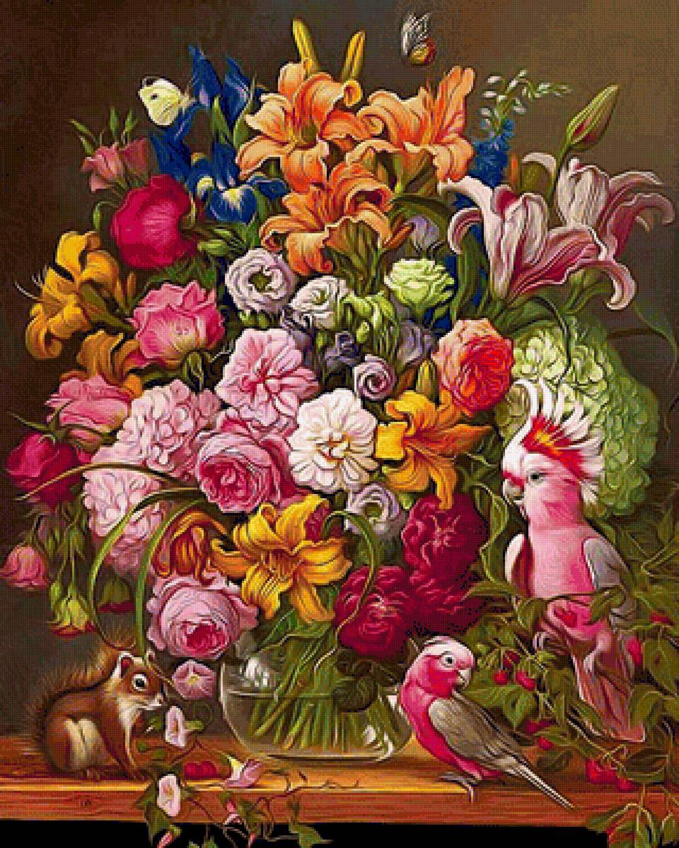 Натюрморт - попугай, цветы, белка - предпросмотр