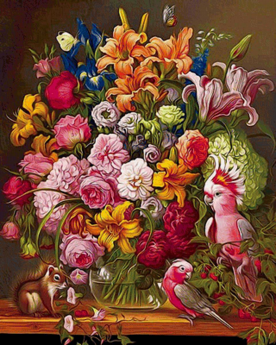 Натюрморт - цветы, белка, попугай - предпросмотр