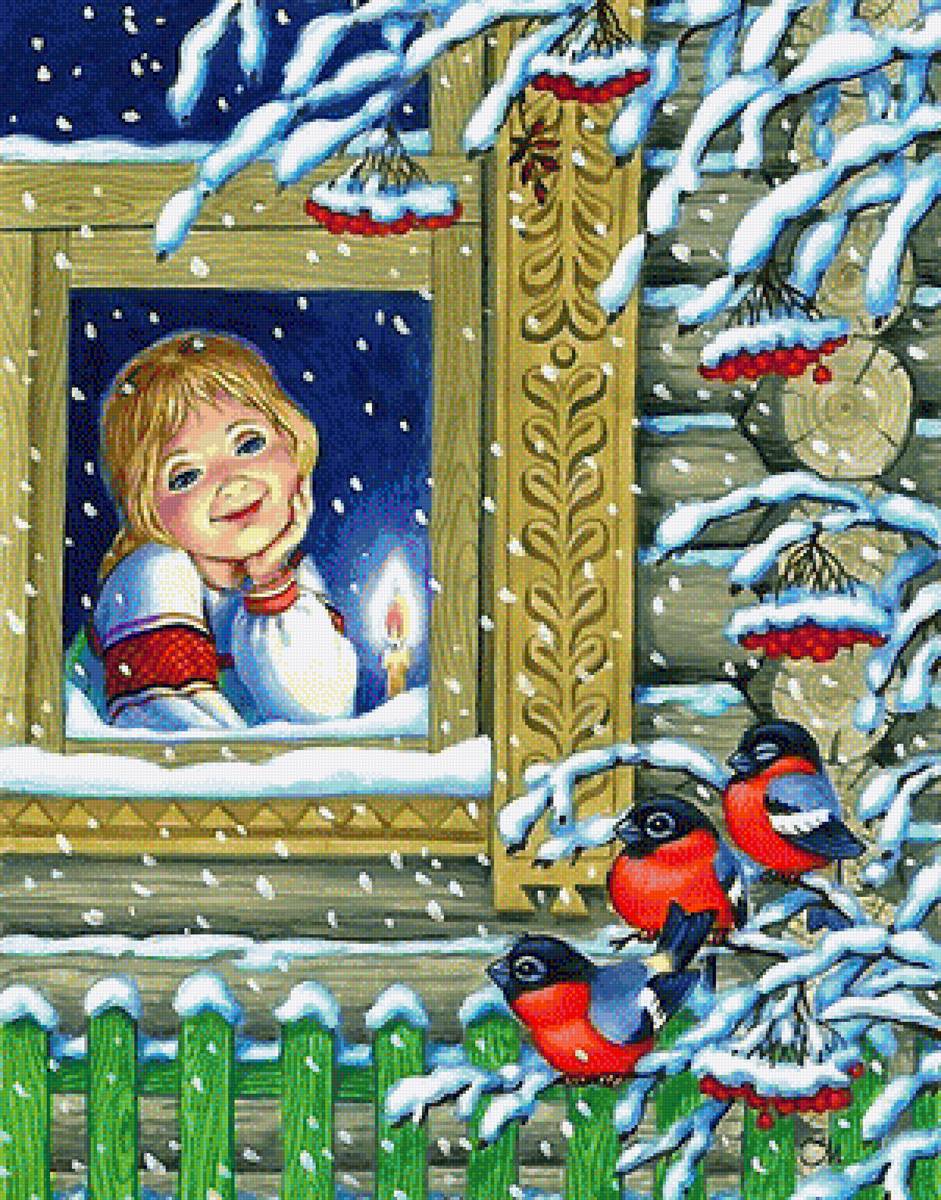 зимняя - девочка, снегири, зима, рябина - предпросмотр