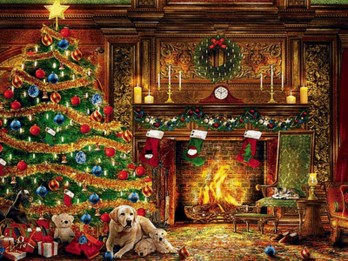Рождественский вечер - камин, собачки, елка. рождество - предпросмотр
