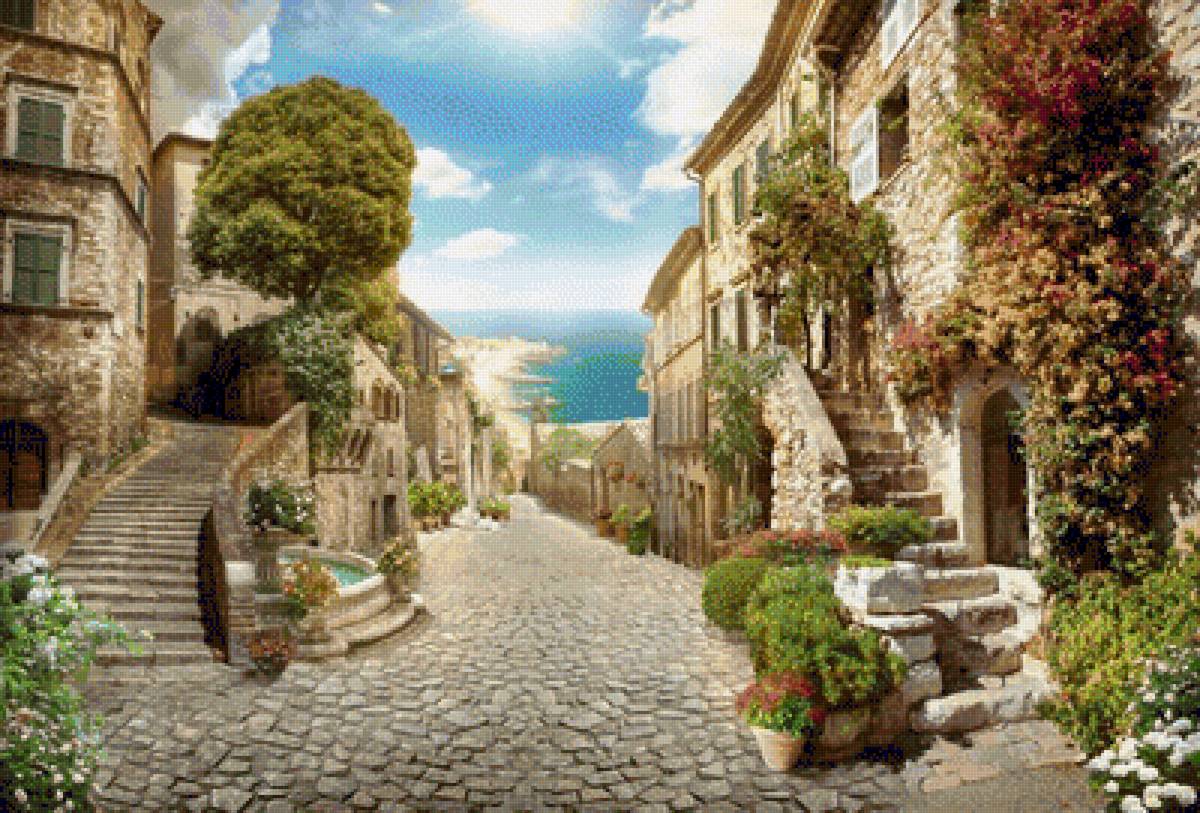 Улица цветов - природа, вид на море, улица, лето, цветы - предпросмотр