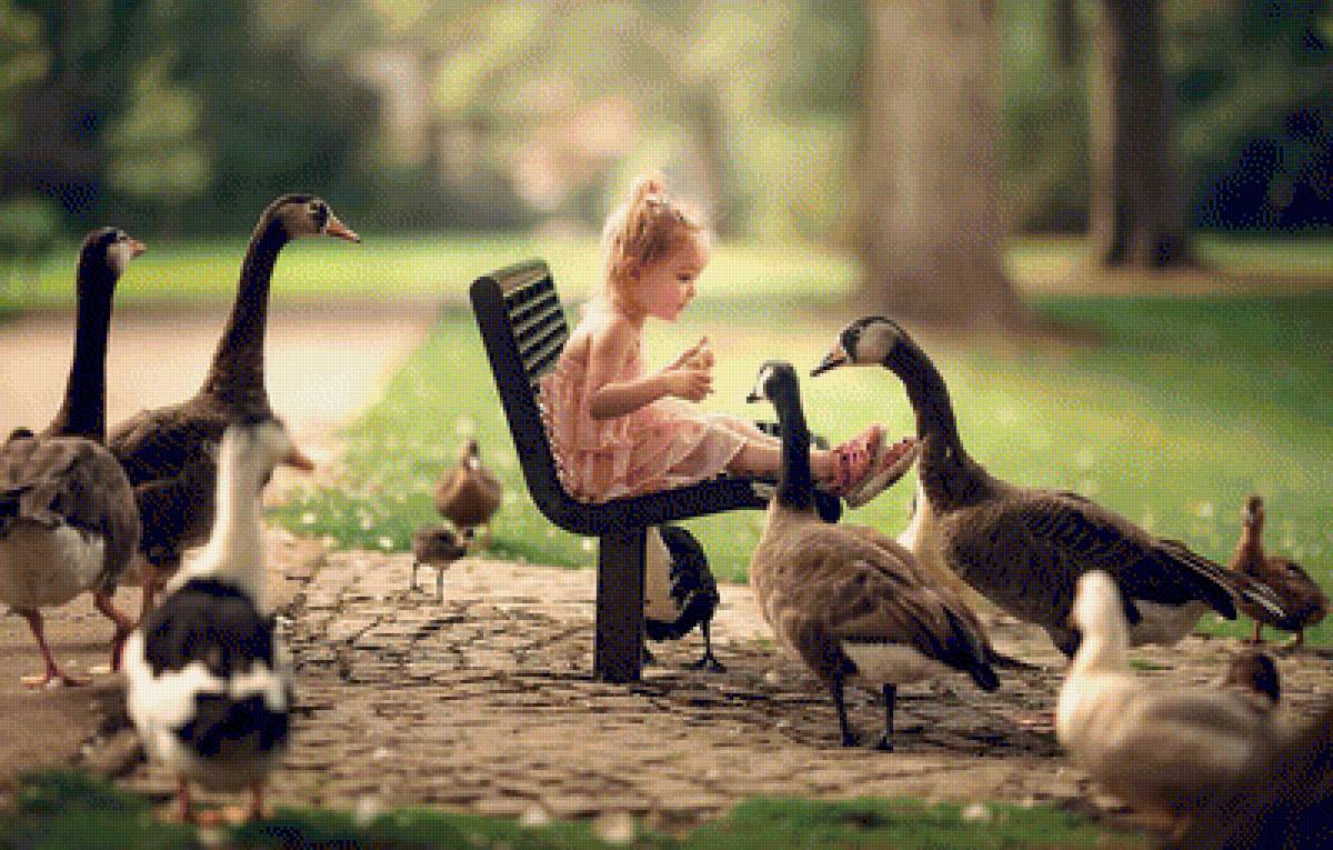 №1997628 - скамья, девочка, гуси - предпросмотр