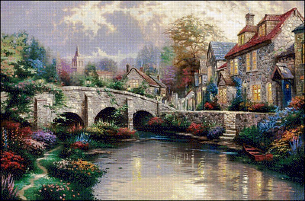 Cobblestone Brooke. - thomas kinkade paintings.cityscape.flowers and gardens. - предпросмотр