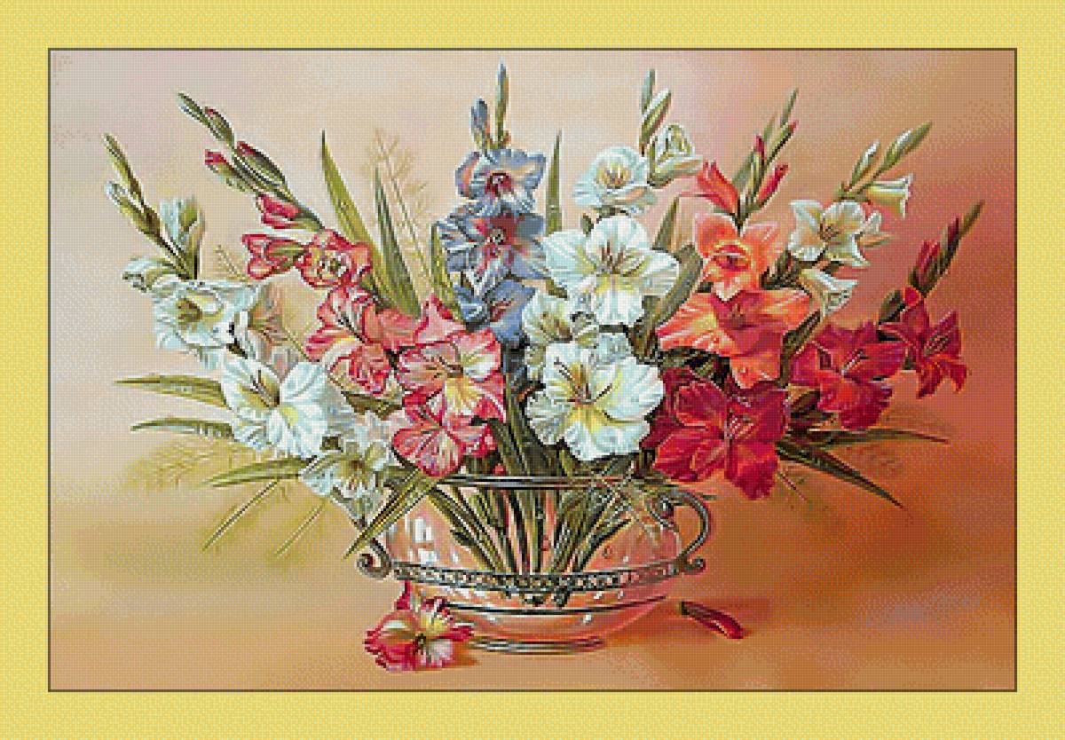 Гладиолусы. - букет, ваза, живопись, цветы, гладиолусы - предпросмотр