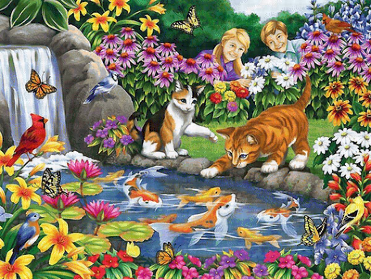 ловля рыбы - мальчик, девочка, котята - предпросмотр