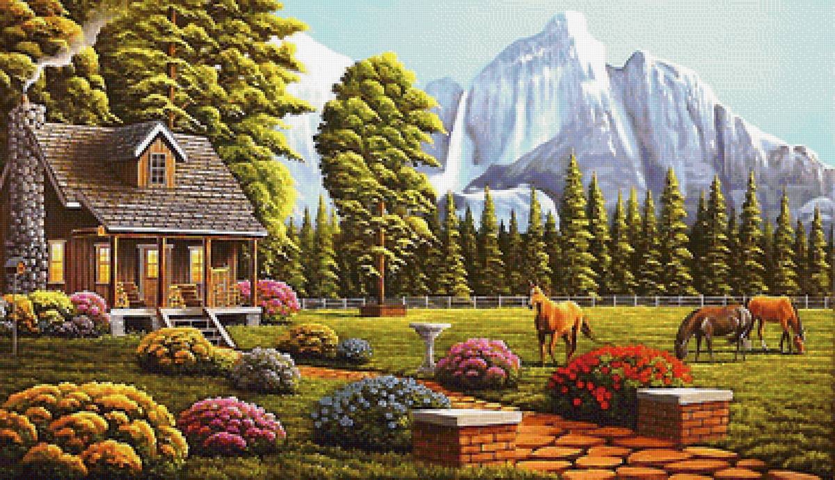 пейзаж - кони, горы, домик - предпросмотр