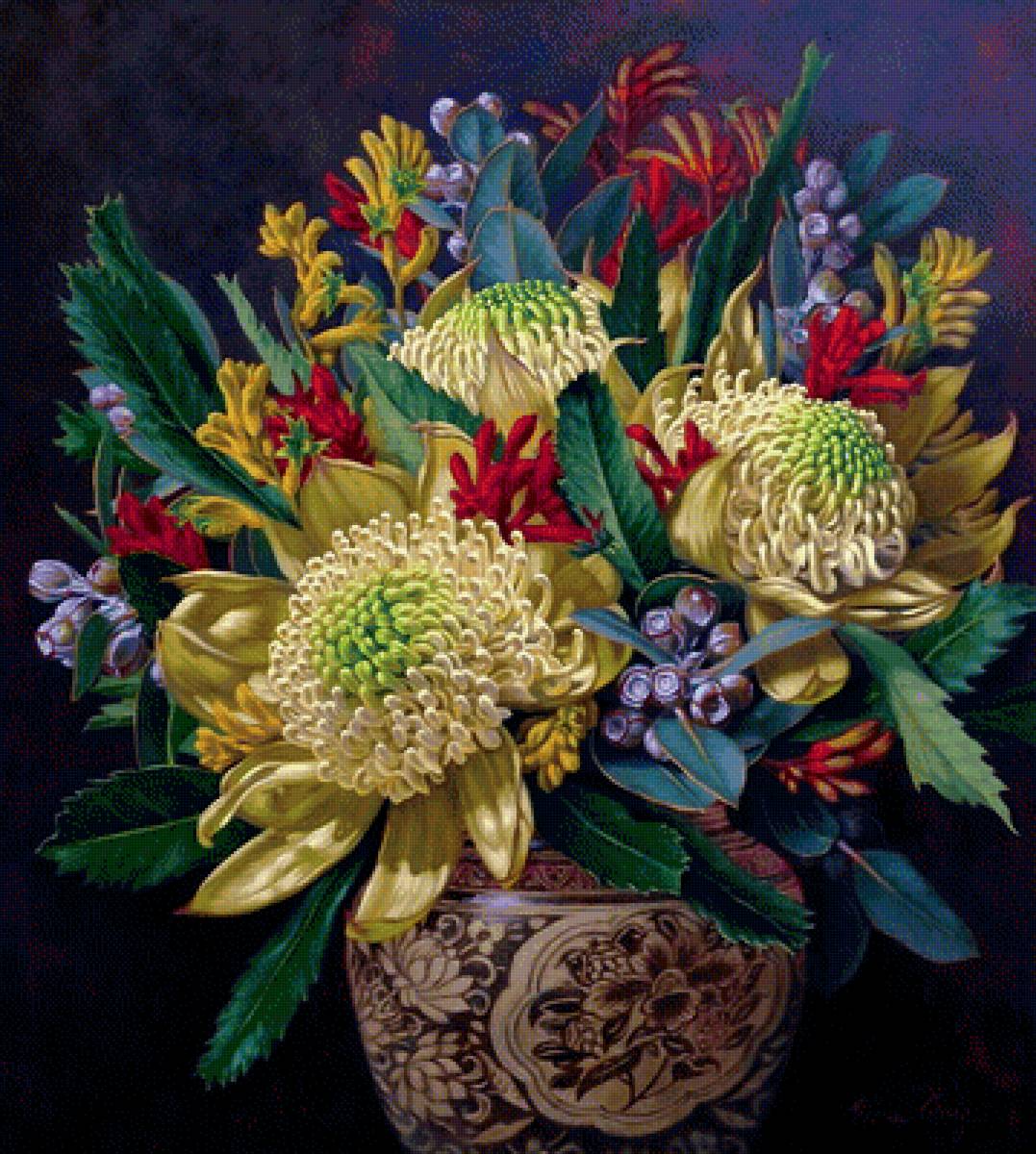 Желтые хризантемы в вазе - хризантемы, букет в вазе, цветы - предпросмотр