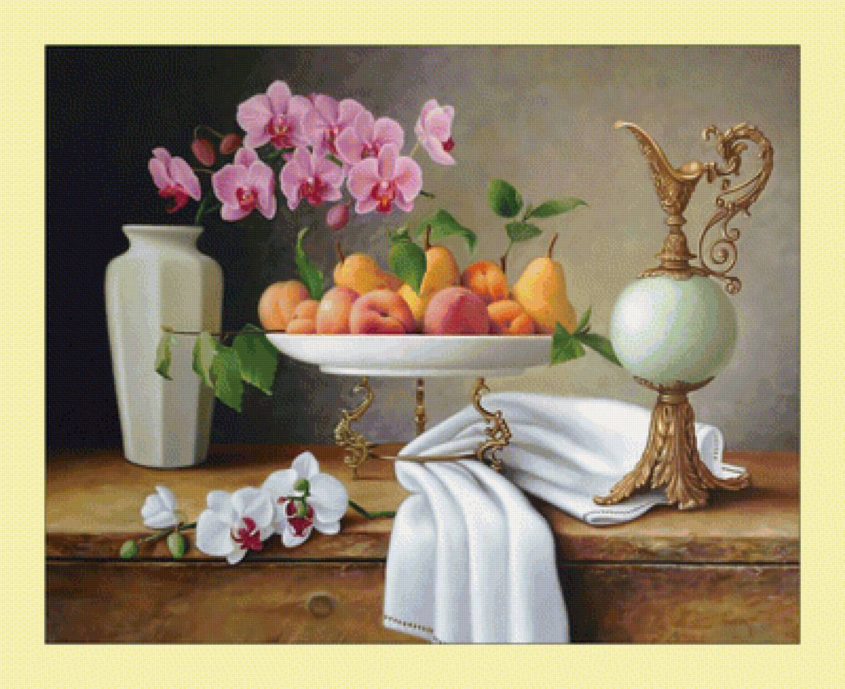 Фруктовый натюрморт с орхидеями. - абрикосы, орхидея, живопись, натюрморт, груши, цветы, кувшин - предпросмотр