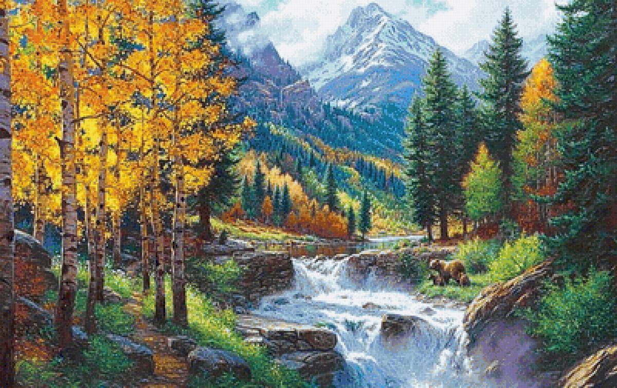 пейзаж - лес, березы, пейзаж, река, горы, осень - предпросмотр