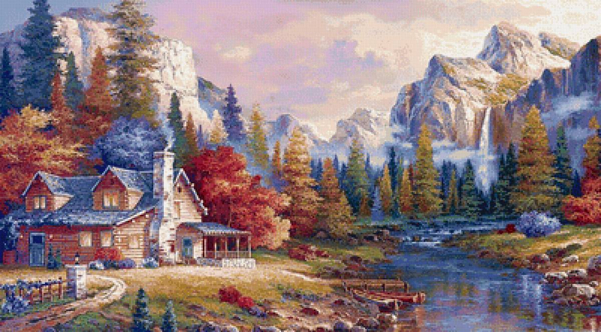 домик в горах - осень, домик, горы, река - предпросмотр