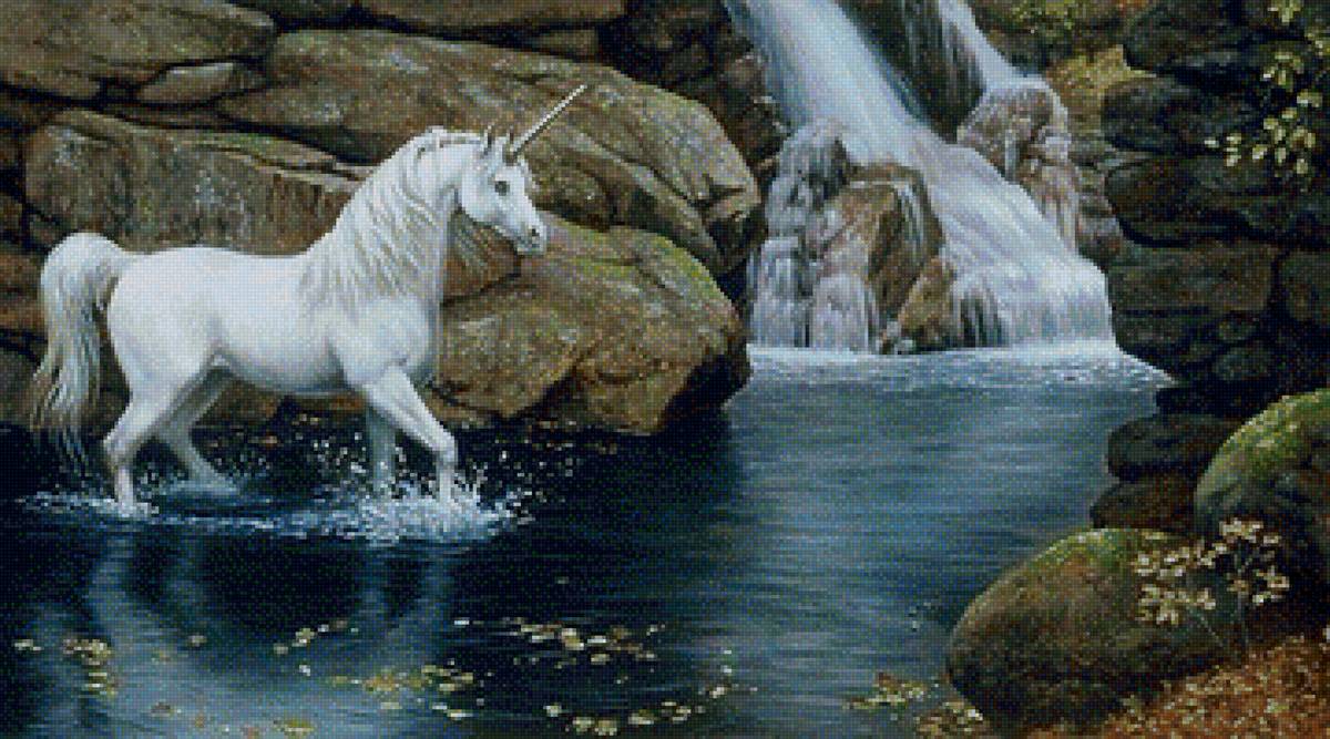 единорог у водопада - фентази - предпросмотр