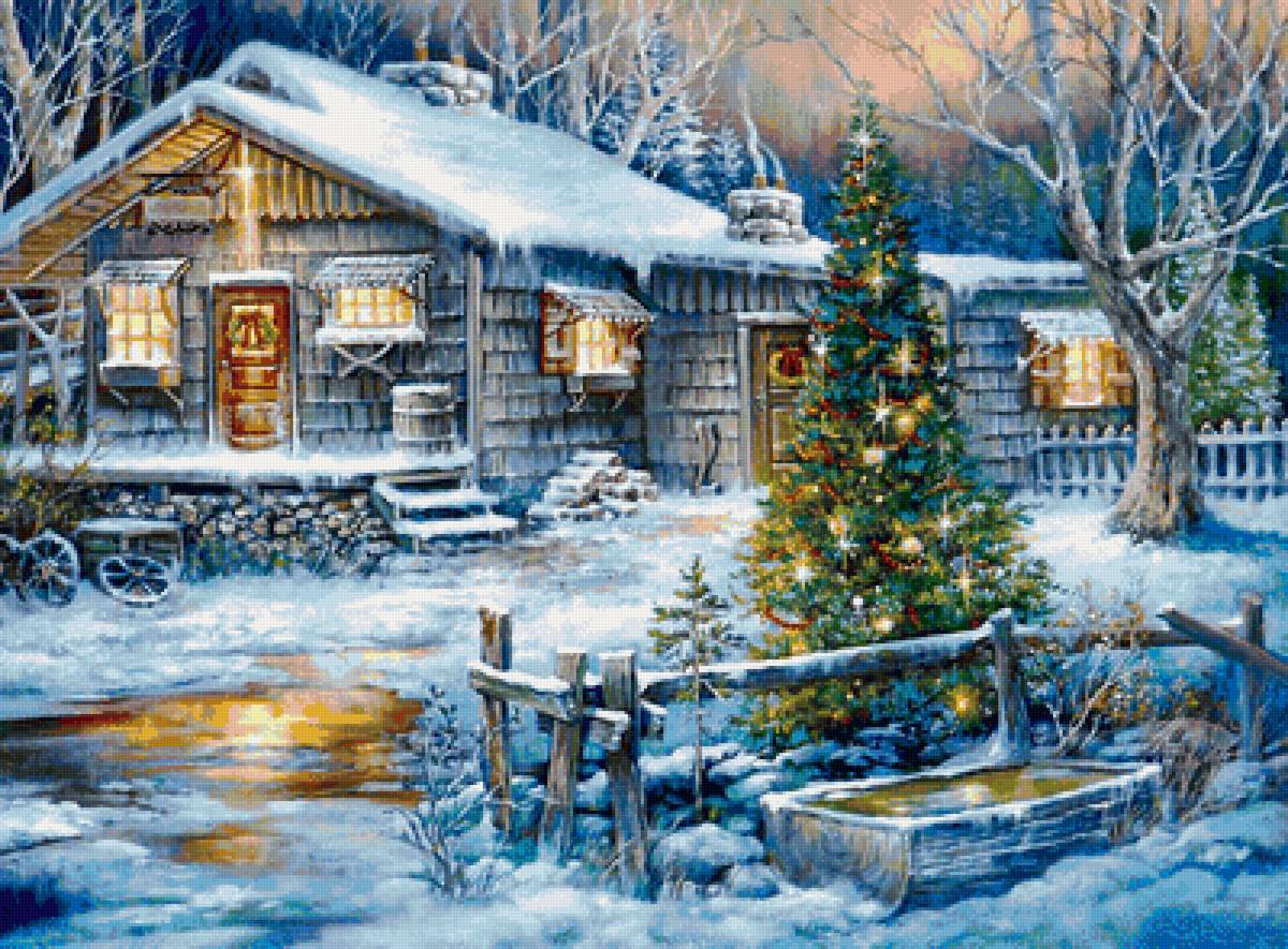 Праздничный вечер - деревья, новый, река, пейзаж, елка, снег, домик, зима, праздник - предпросмотр