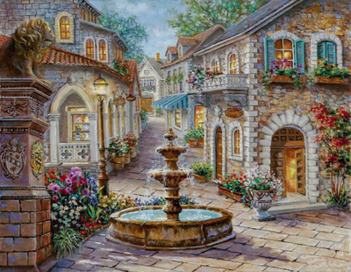 Fountain in the Village Square. - nicky boheme painter.scenarys.flowers and gardens. - предпросмотр