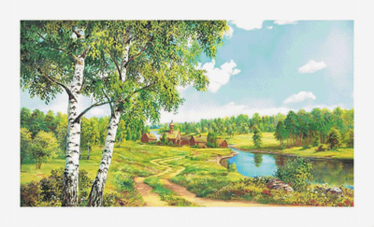 Пейзаж. - поле, природа, пейзаж, березы, река, живопись - предпросмотр