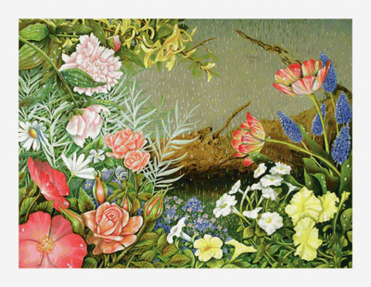 Цветы под дождём. - цветы, живопись, дождь - предпросмотр