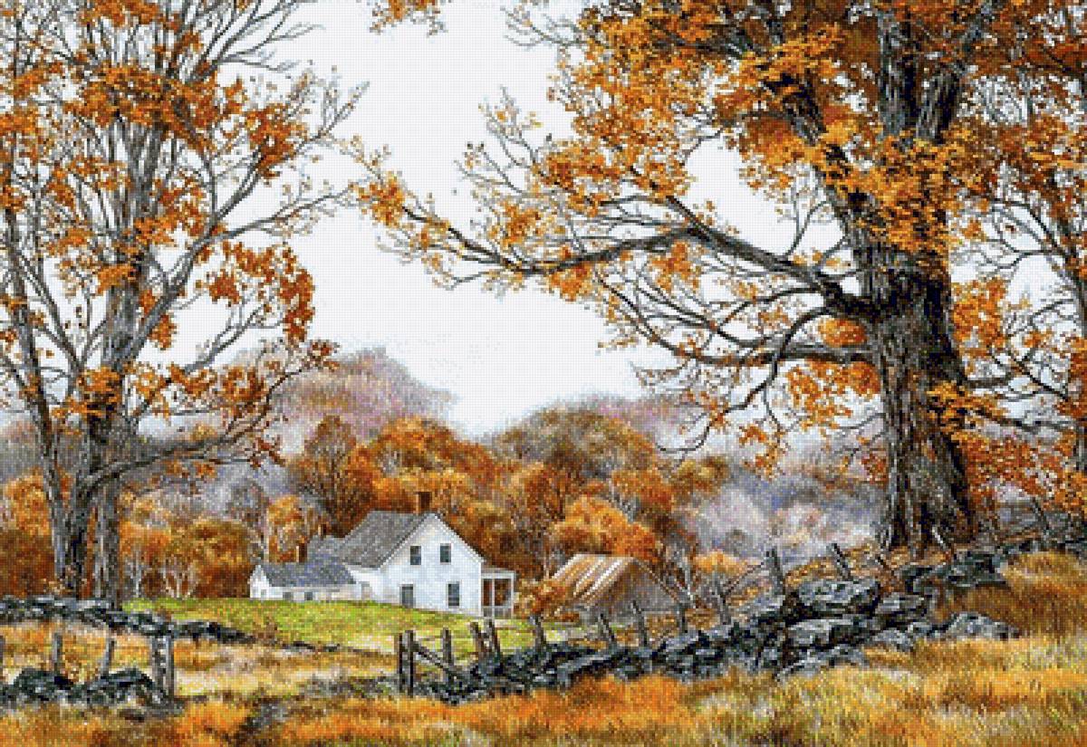 осенний пейзаж - пейзаж, осень, деревья, домик - предпросмотр