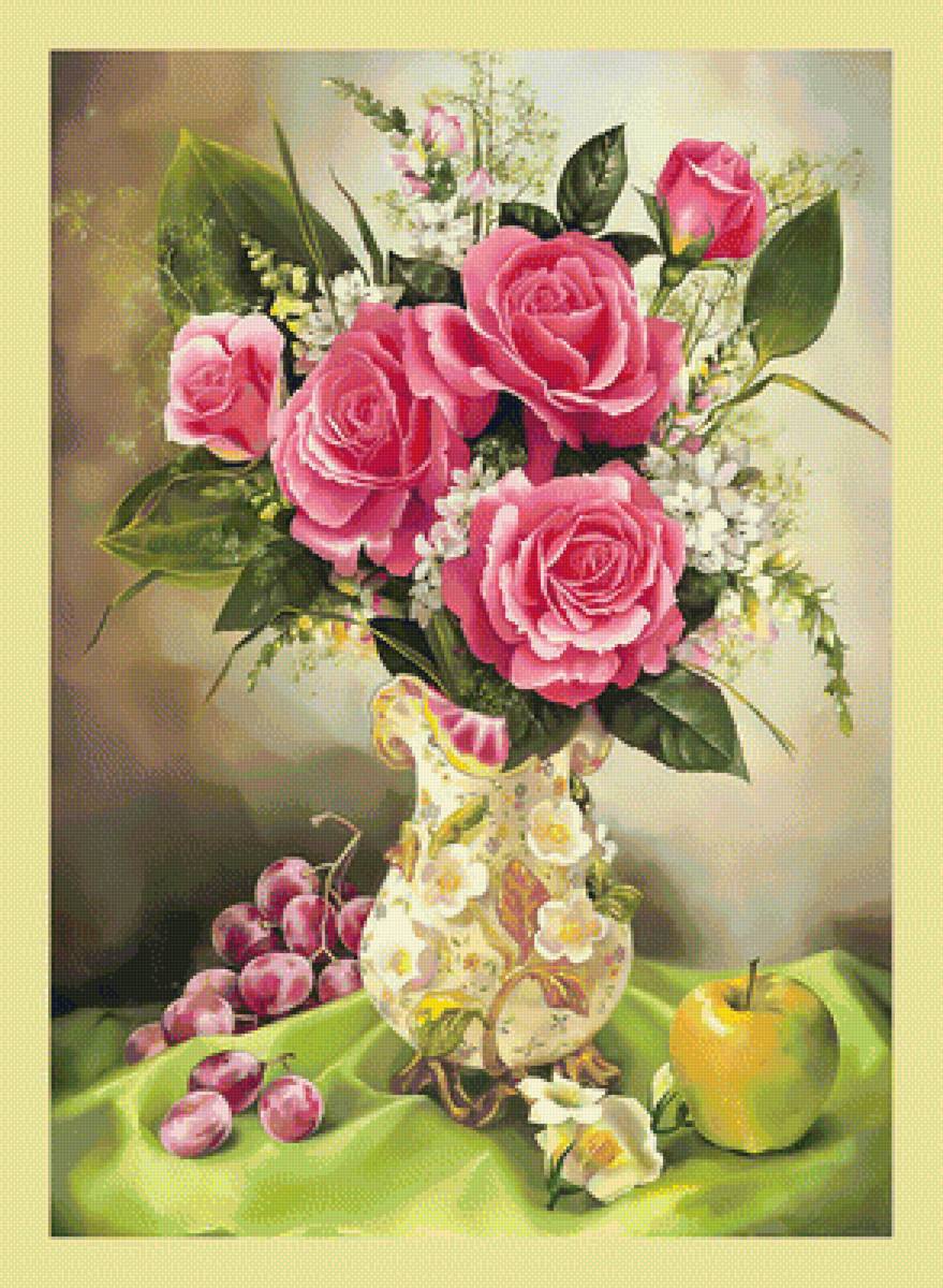 Цветочный натюрморт. - натюрморт, розы, яблоки, цветы, живопись, букет - предпросмотр