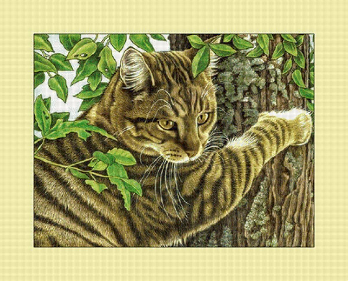 Котейка. - кот, животные, кошка, живопись, на дереве - предпросмотр