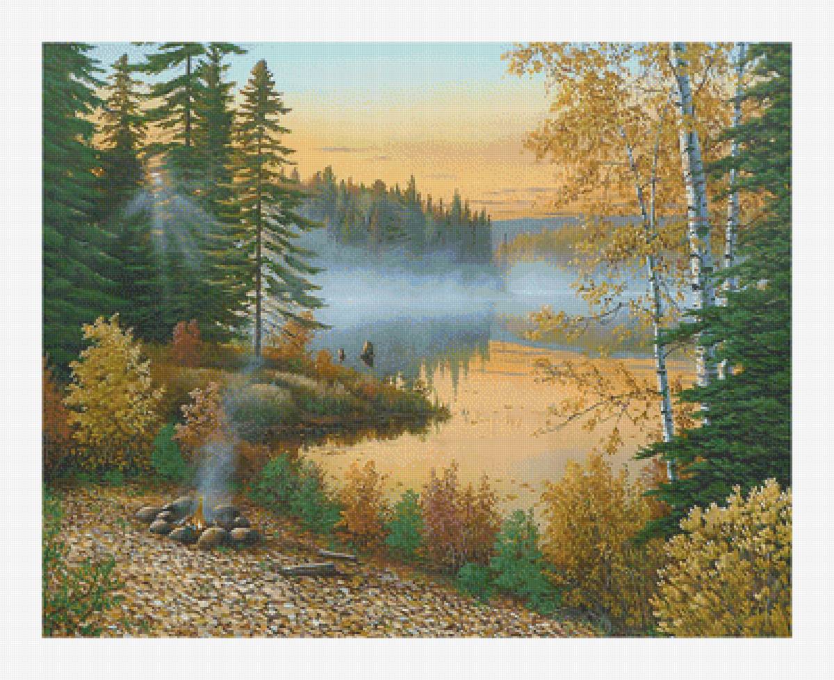 Пейзаж. - природа, пейзаж, лес, закат, живопись, туман, озеро - предпросмотр