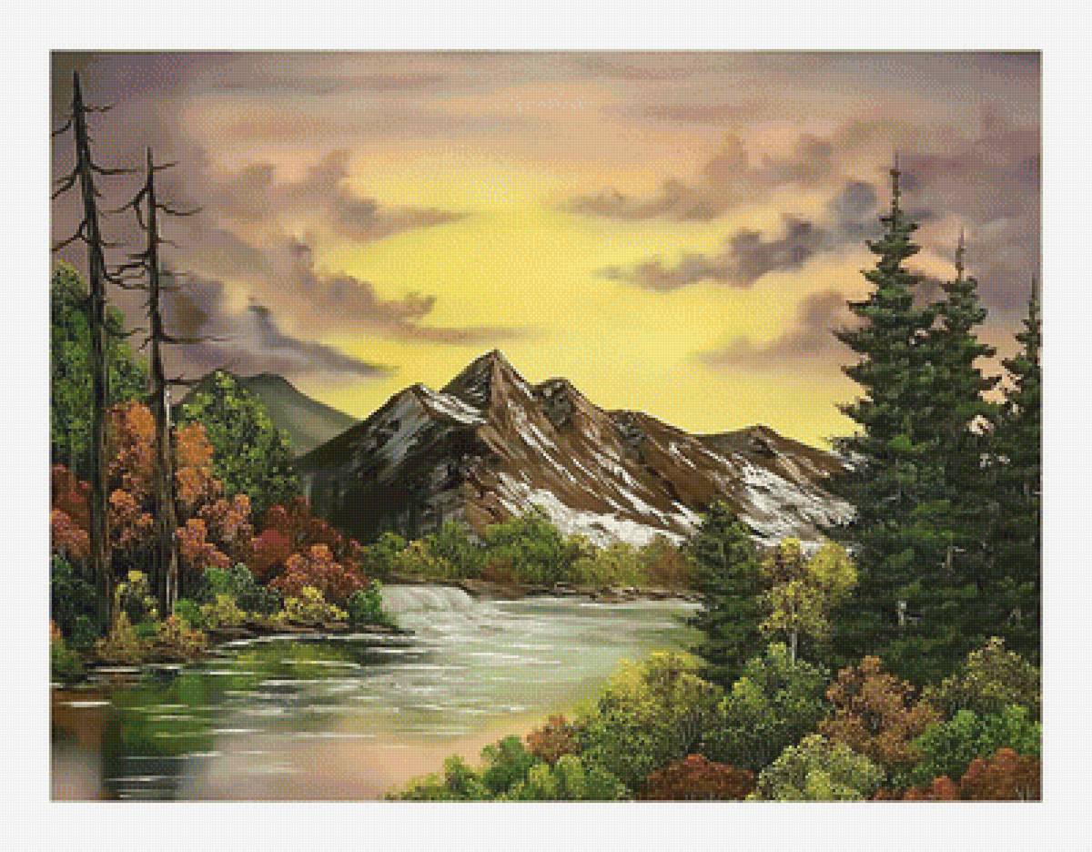 Горный пейзаж. - пейзаж, природа, река, живопись, горы, закат - предпросмотр