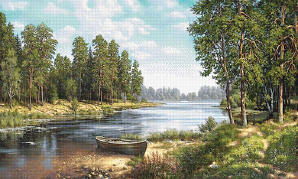 Пейзаж. - река, пейзаж, живопись, лодка, лес - предпросмотр