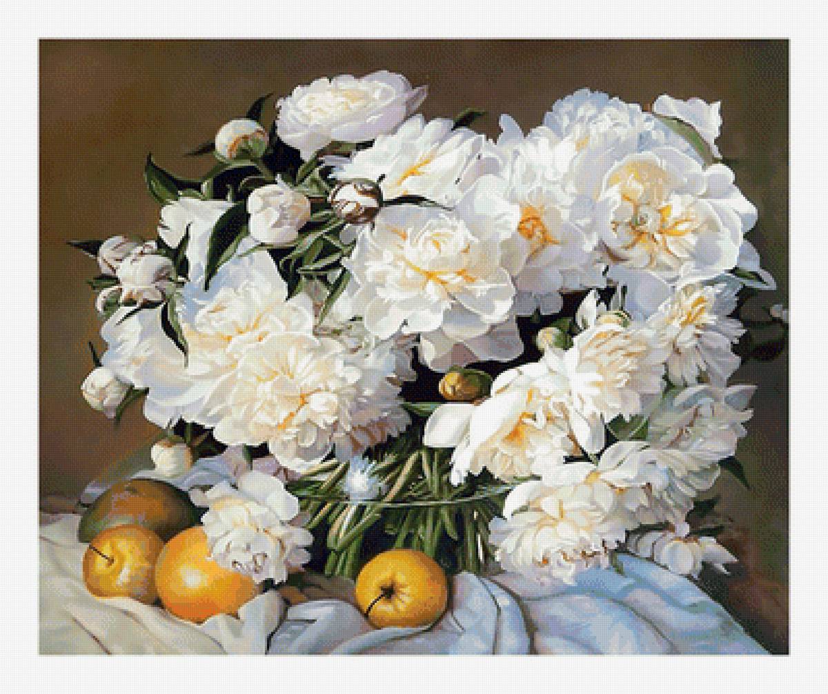 Пионы и фрукты. - фрукты, букет, натюрморт, цветы, пионы, живопись - предпросмотр