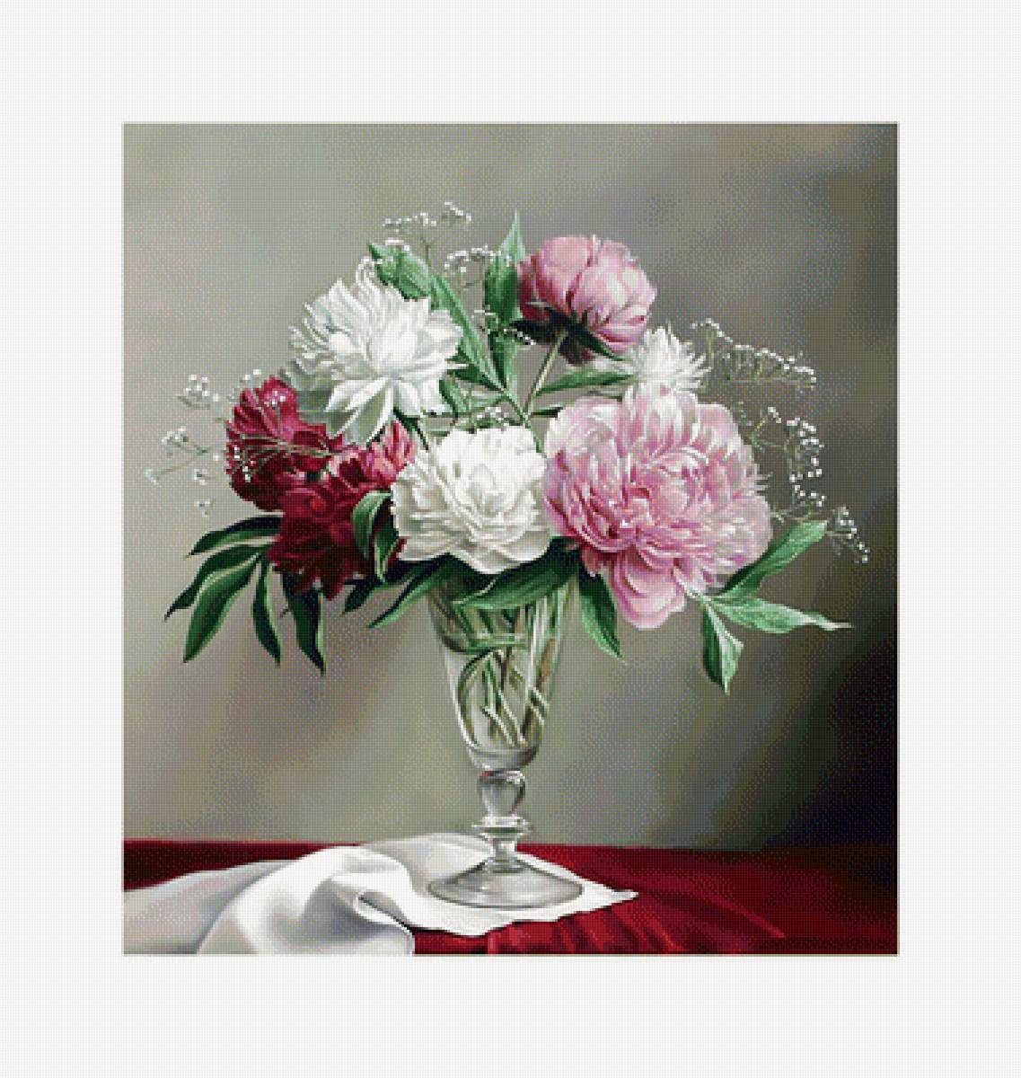 Пионы. Букет. 289/310 крестов. - цветы, ваза, букет, пионы, живопись - предпросмотр