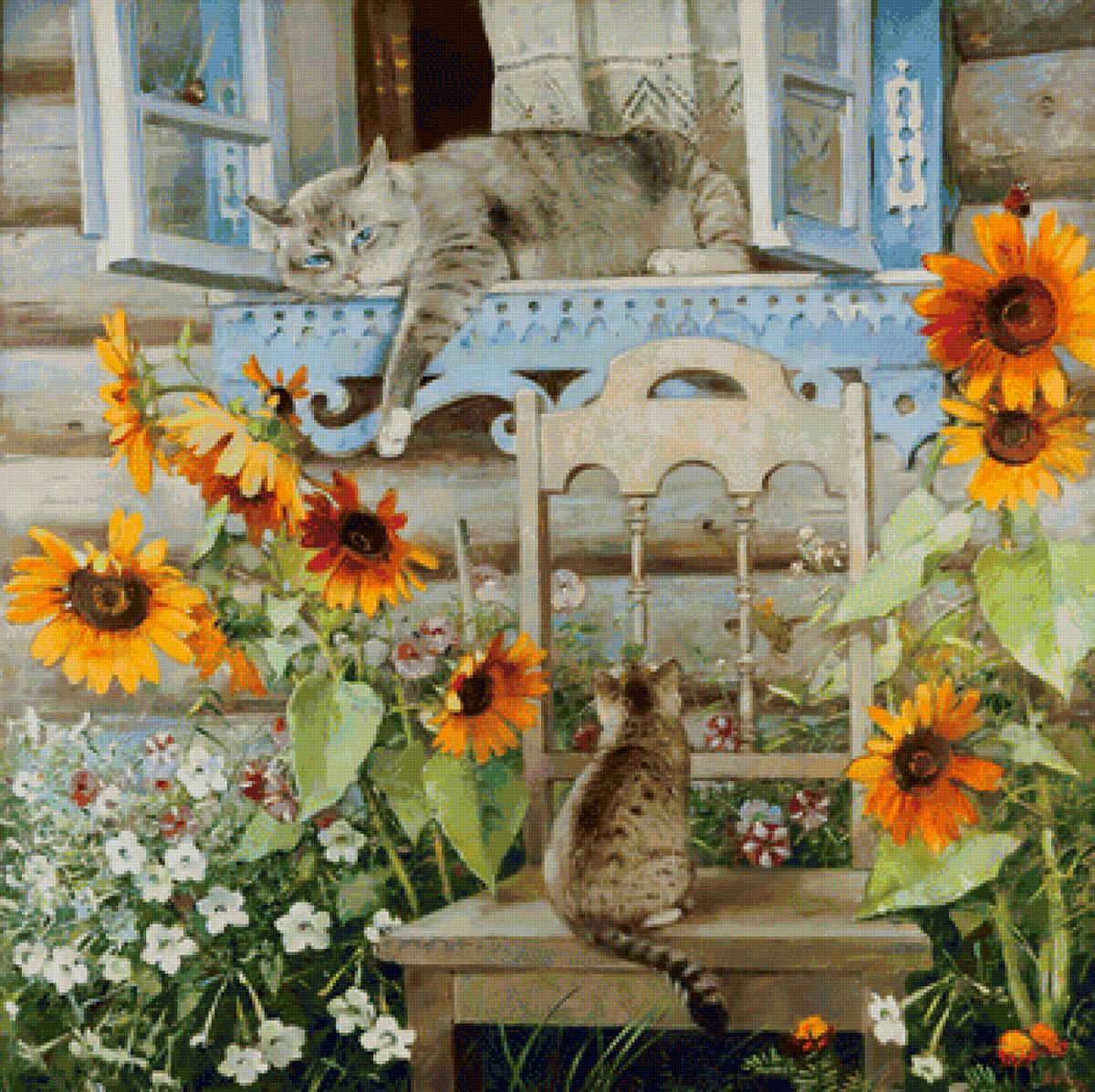 летний отдых - окно, цветы, кошки - предпросмотр