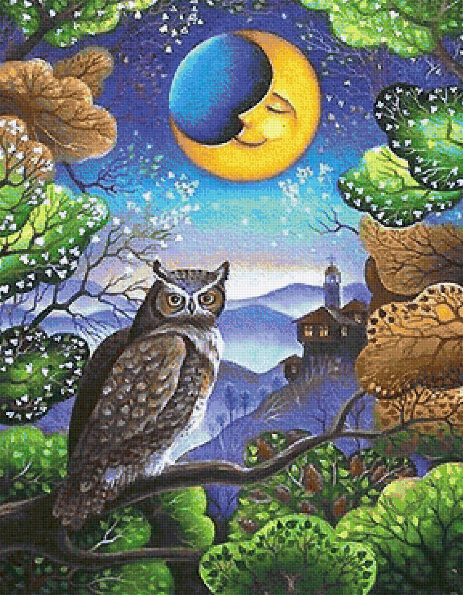 Ночь - сова, ночь, луна, деревья - предпросмотр