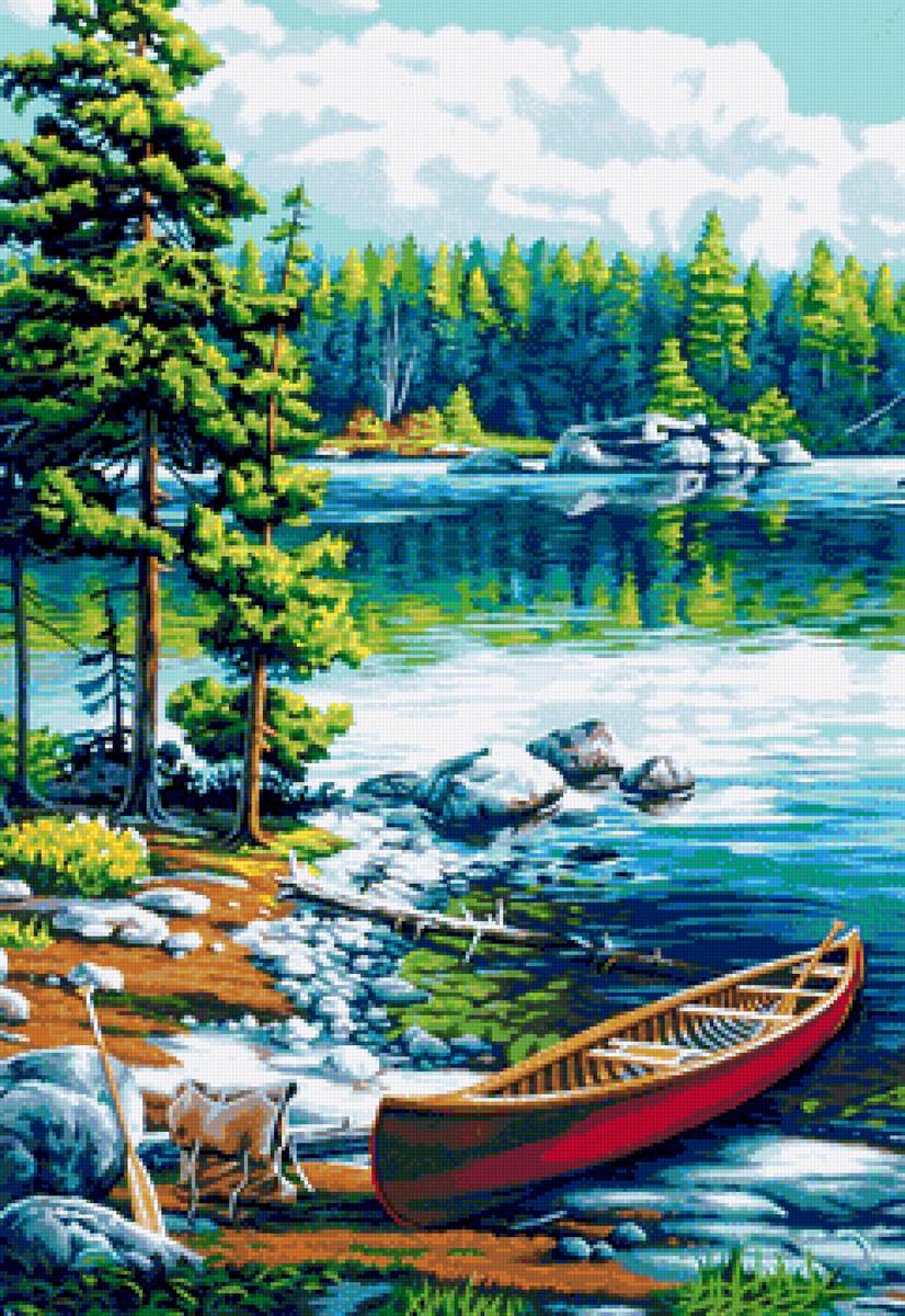 пейзаж - лодка, река, сосны, пейзаж - предпросмотр