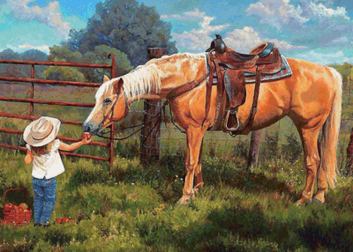 Угощение - конь, девочка, яблоки - предпросмотр