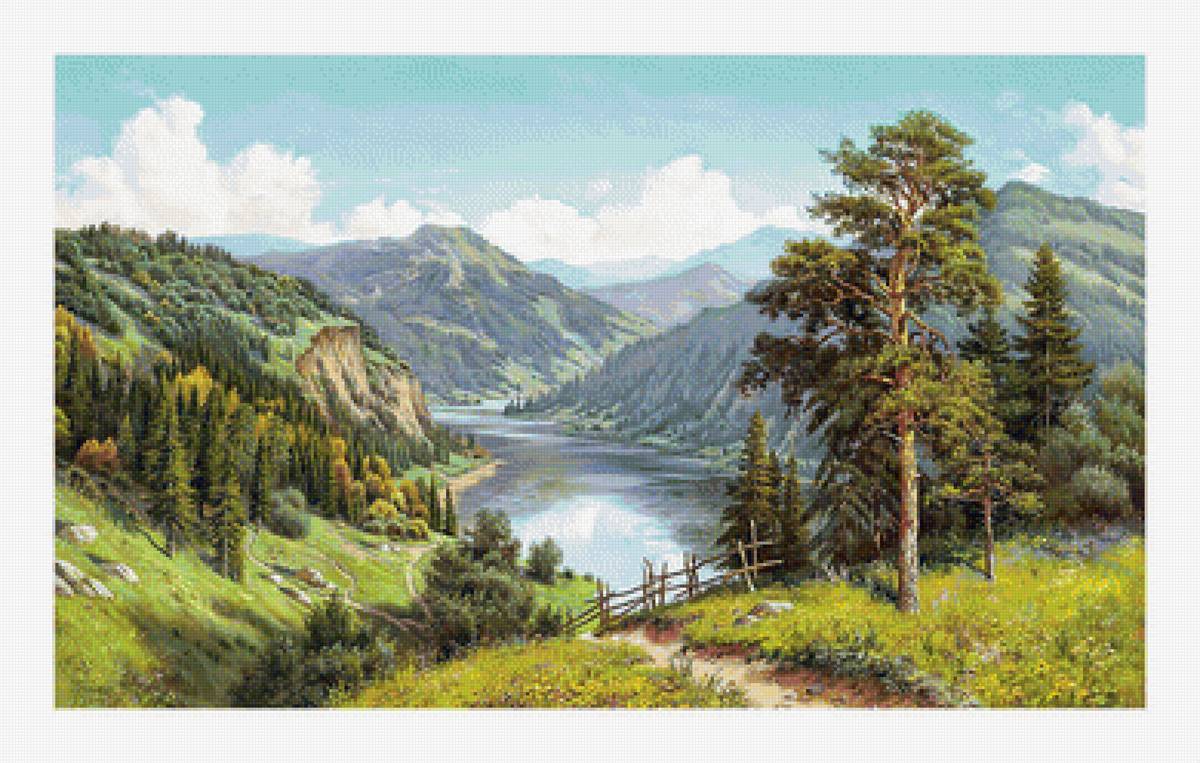 Пейзаж. - горы, пейзаж, лето, живопись, природа, озеро - предпросмотр