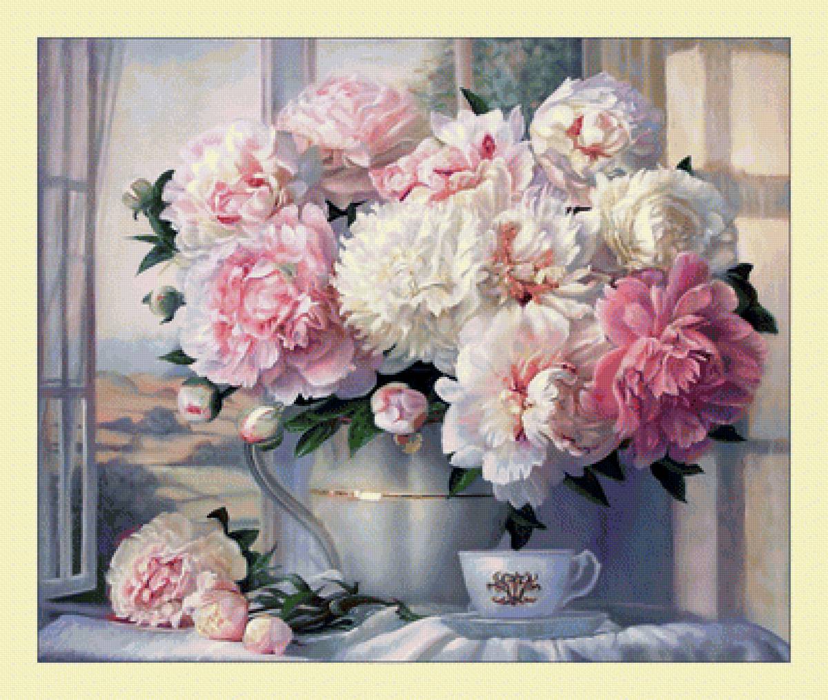 Пионы у окна. - окно, цветы, букет, ваза, пионы, живопись - предпросмотр