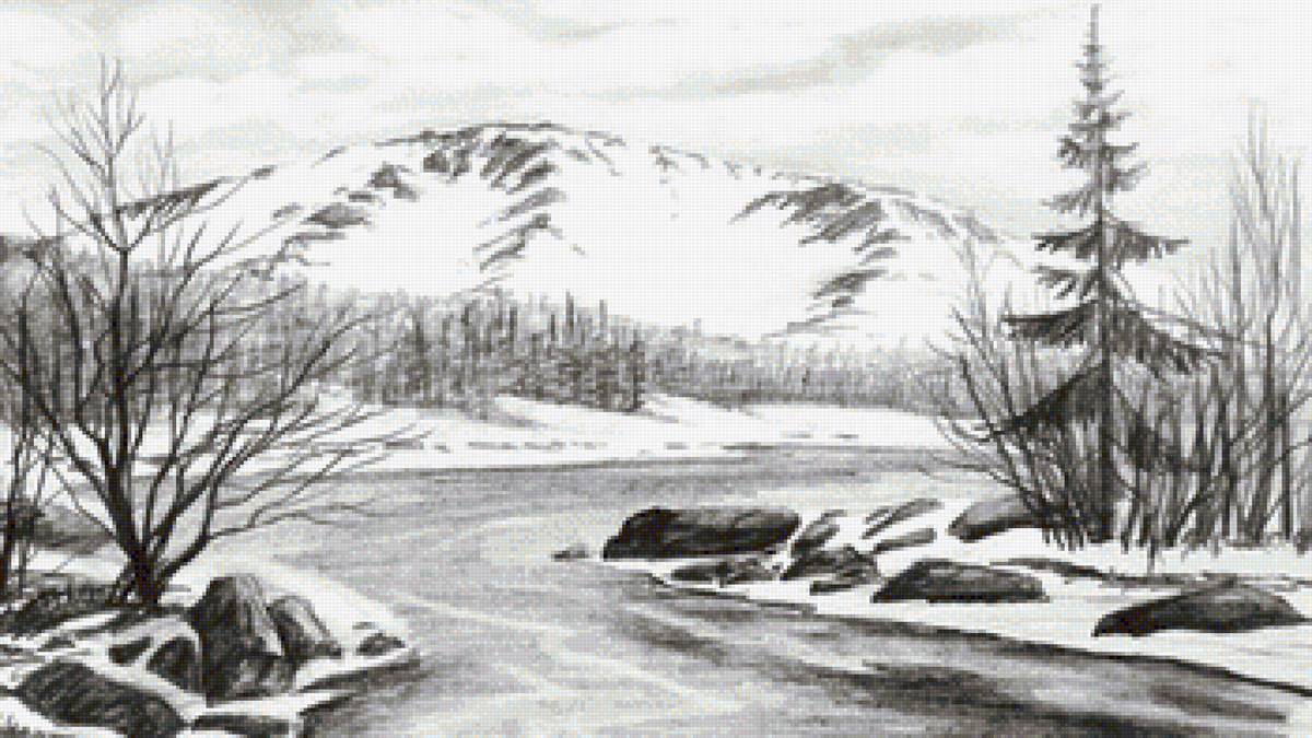 пейзаж карандашом - рисунок карандашом, деревья, пейзаж, горы, река - предпросмотр