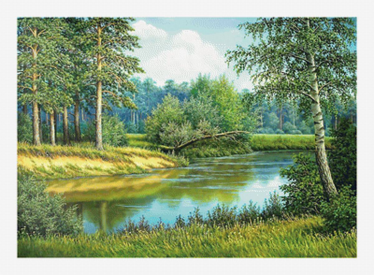 Лесная речка. - живопись, река, березы, пейзаж, лес - предпросмотр