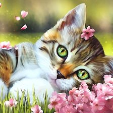 Схема вышивки «котёнок в цветах»