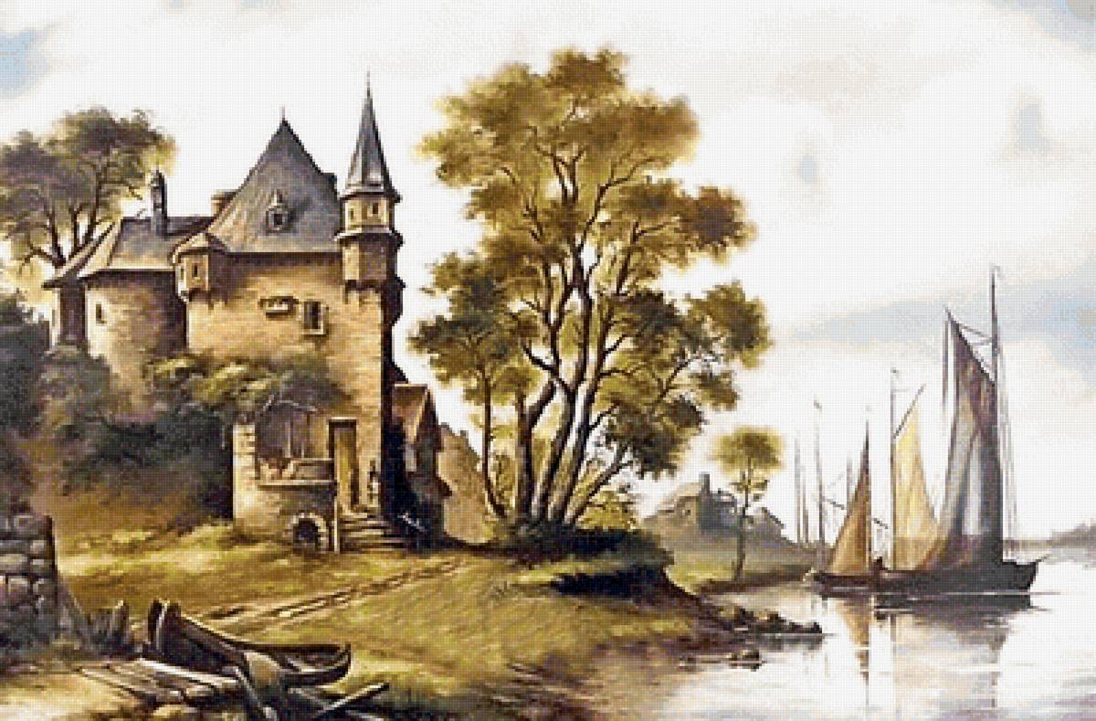 пейзаж - река, деревья, пейзаж, дом, лодка - предпросмотр