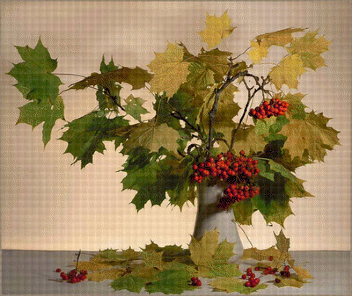 Осенний натюрморт - рябина, натюрморт, букет, листья - предпросмотр