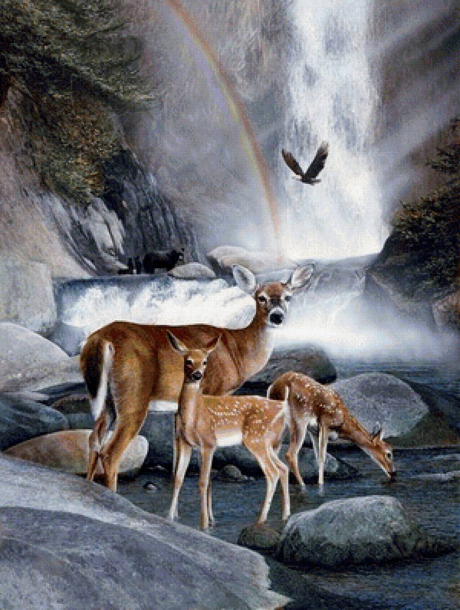 У водопада - олени, водопад, фауна - предпросмотр