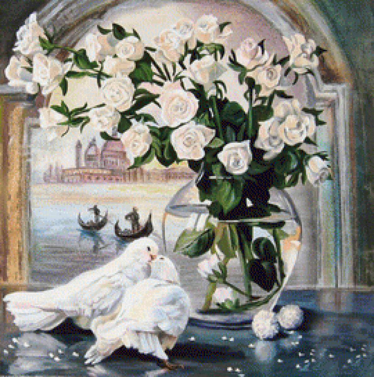 Голуби - розы, пейзаж, голуби - предпросмотр