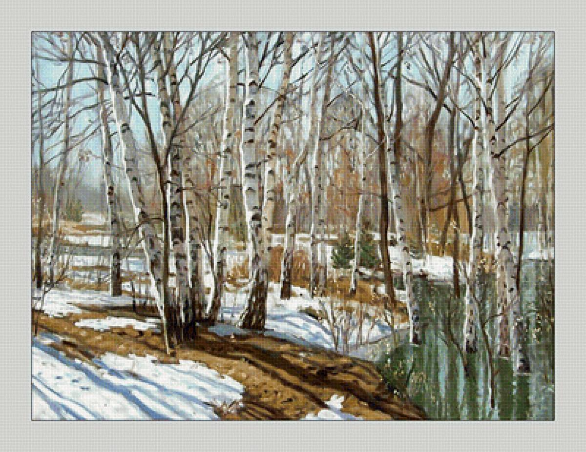 Весенний пейзаж. - березы, роща, весна, снег, пейзаж, живопись - предпросмотр