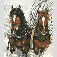 Схема вышивки «Лошади в зимнем лесу.»