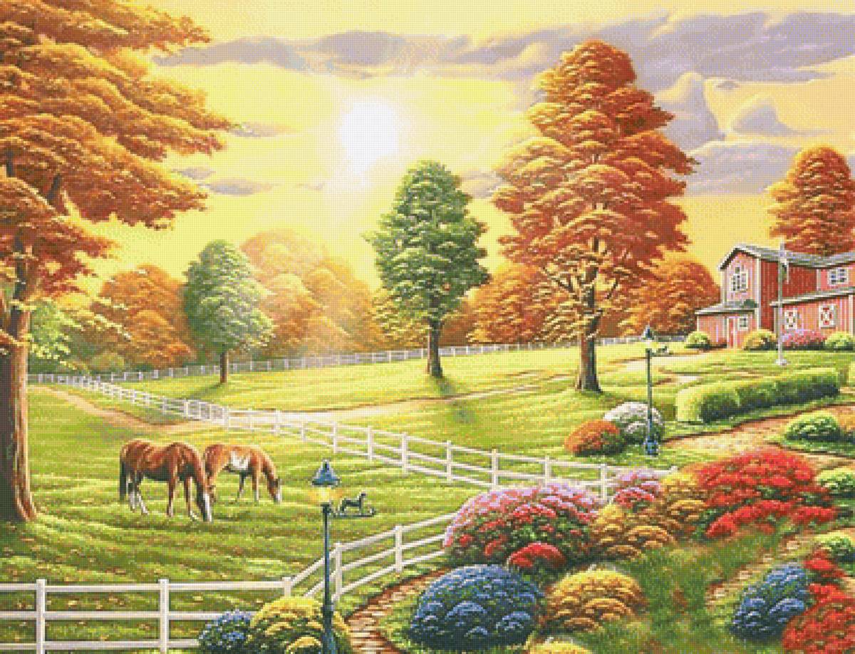 осенний день - деревья, лошади, домик, осень, пейзаж - предпросмотр