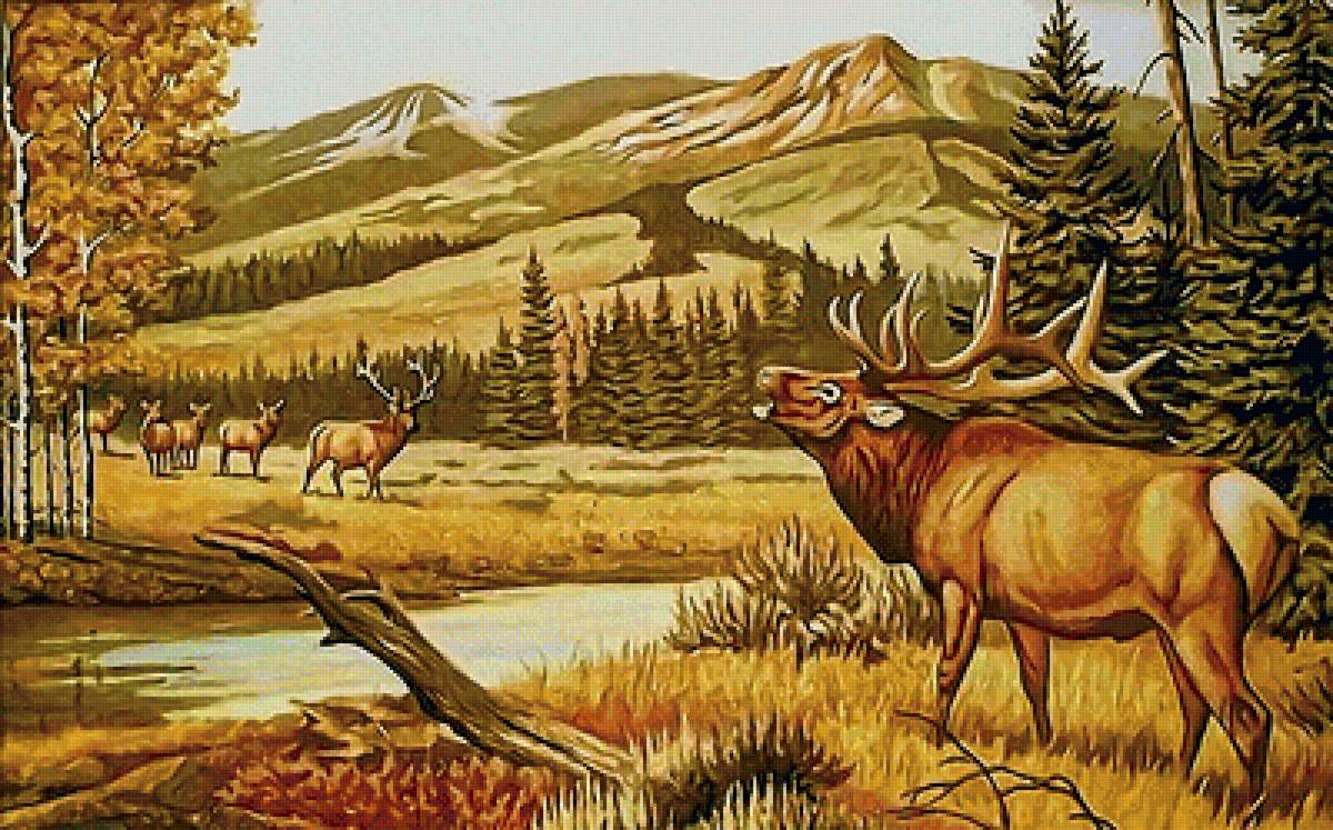 олени - горы, пейзаж, природа, олени, деревья - предпросмотр