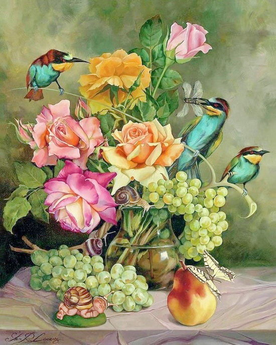 Натюрморт - птички, розы, виноград - оригинал