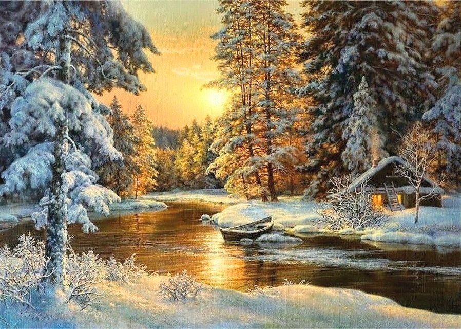 На закате - река, дом, закат, зима, лодка, пейзаж, снег, вечер - оригинал