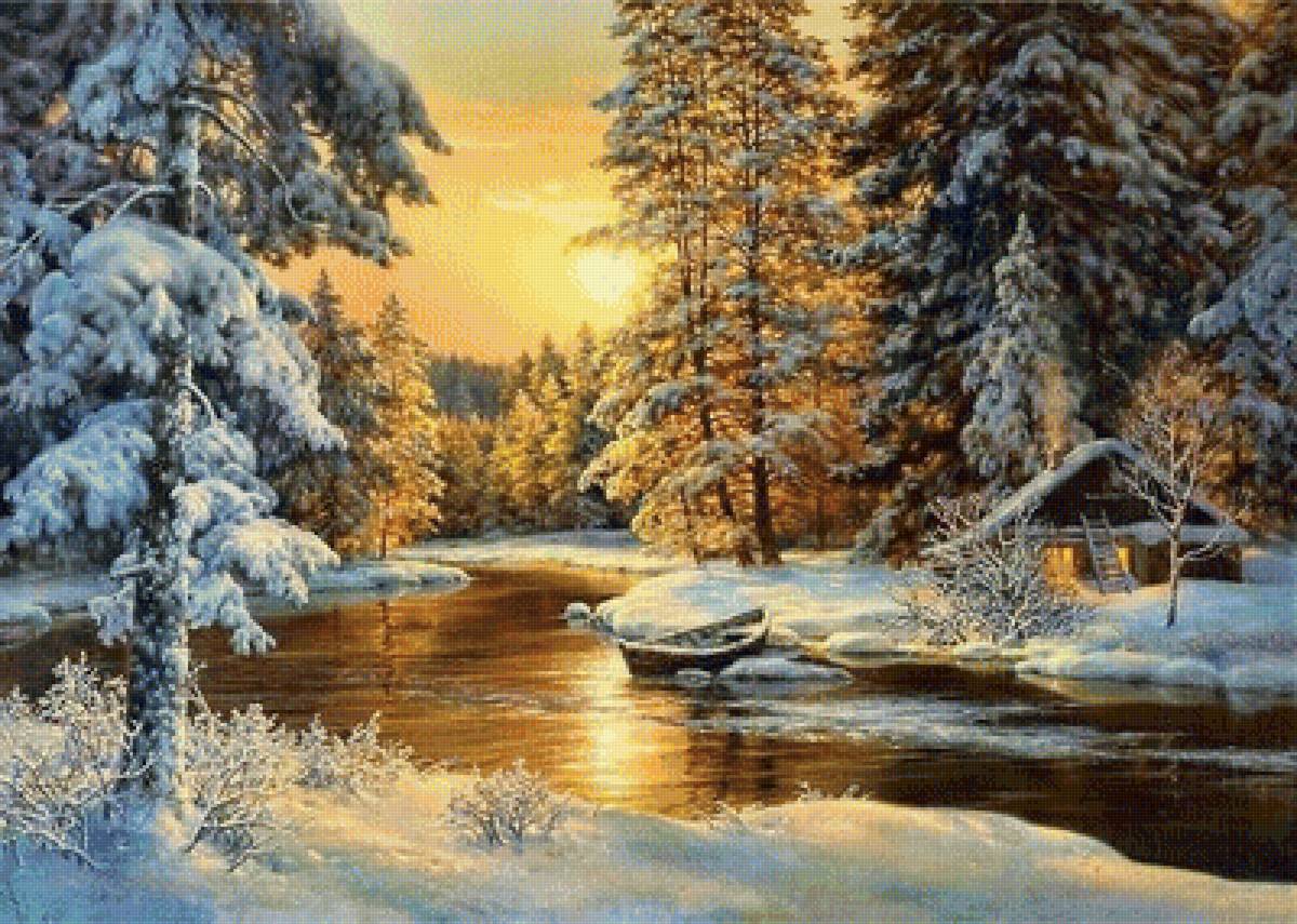 На закате - дом, снег, лодка, зима, вечер, река, закат, пейзаж - предпросмотр