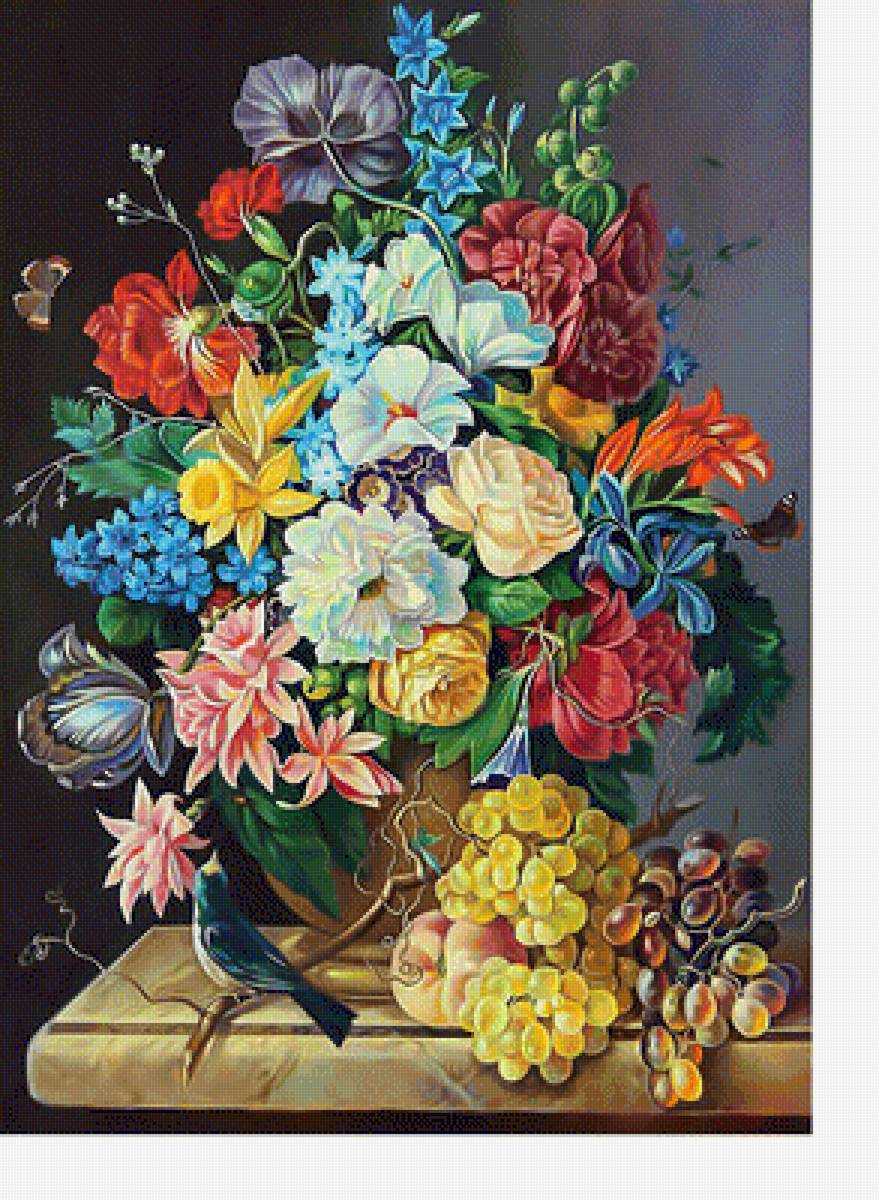 Натюрморт - птица, букет, цветы, виноград - предпросмотр
