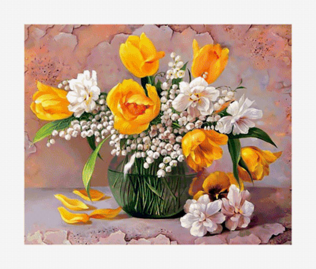 Ландыши и тюльпаны. - тюльпаны, ландыши, цветы, букет, живопись - предпросмотр